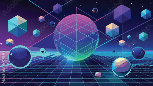 Abstract digital illustration of retro futuristic geometric shapes and spheres with a neon grid and gradient background.