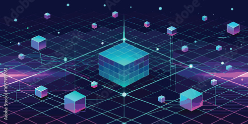 Abstract digital illustration showcasing a network of interconnected cubes in a futuristic and technological environment