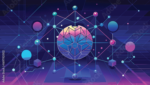 Abstract digital network visualization with connected nodes and geometric shapes in a futuristic gradiant background
