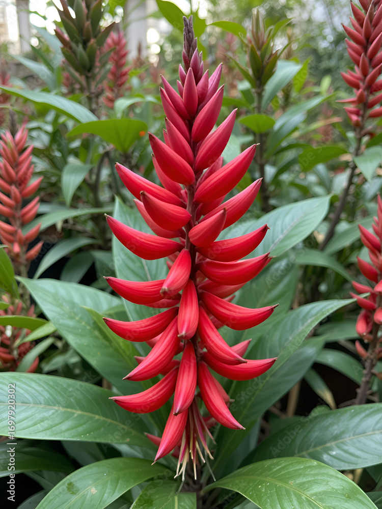 Obraz premium Lipstick plant Aeschynanthus pulcher, Beautiful tubular red flowers of a tropical ornamental plant in a botanical collection
