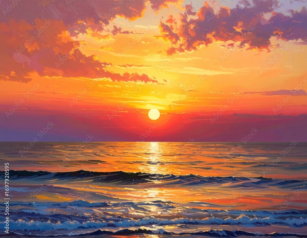 Fototapeta premium A vibrant sunset paints the ocean with fiery hues, showcasing a dramatic sky and serene waves.