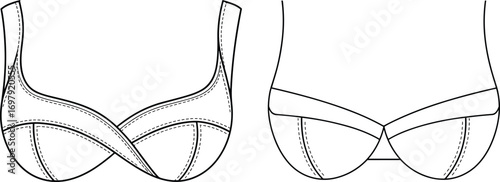 Women bra design, lingerie fashion template, undergarment sewing pattern, intimate wear apparel, cad drawing flat vector illustration, clothing sketch, technical design
