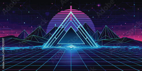 Abstract geometric digital landscape illustration evoking a futuristic vaporwave aesthetic with neon gradients and grid patterns.