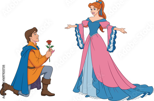 Romantic cartoon prince proposing to a princess with a rose – fairytale couple in royal clothes, magical love scene illustration.