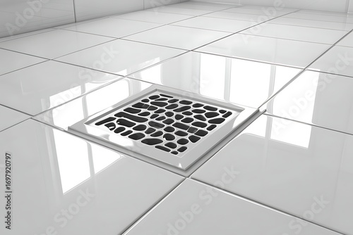 Stylish, modern drain in a white tiled bathroom