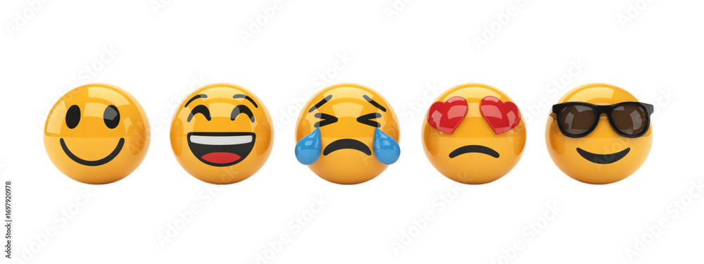 Fototapeta premium Expressive emoji faces capturing joy, laughter, sadness, love, and coolness perfect for digital communication and creative projects