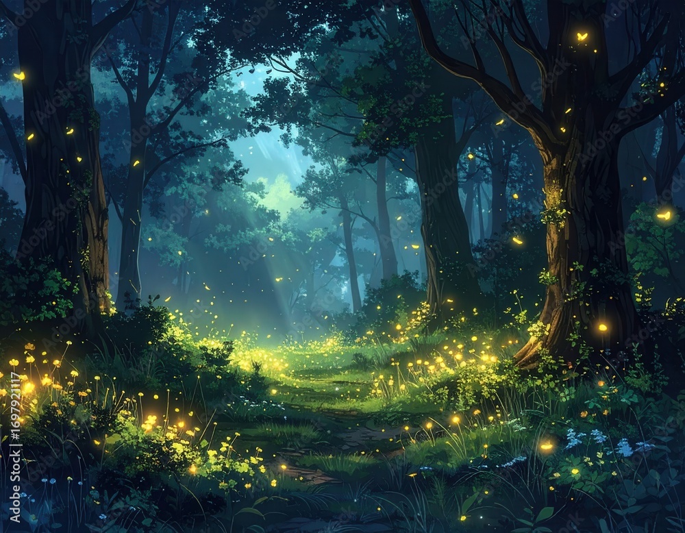 Fototapeta premium A magical forest path glows with fireflies at night, bathed in soft, ethereal light.