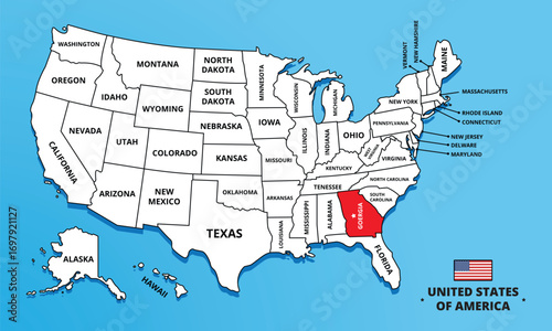 Georgia State, USA. Highlighted map on Georgia. Editable blank vector map of USA