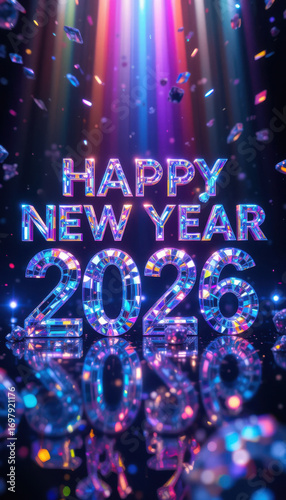 Happy new year 2026 celebration with confetti and colorful lights