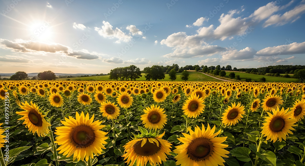 Fototapeta premium Vector illustration of vast field of sunflowers under a bright blue sky with fluffy clouds and the sun shining