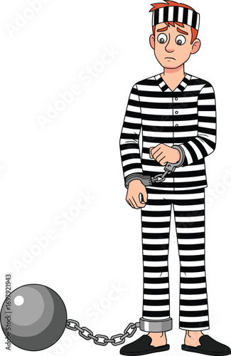 Sad Cartoon Prisoner Wearing Black and White Striped Uniform with Ball and Chain – Vector Illustration for Crime and Justice Themes