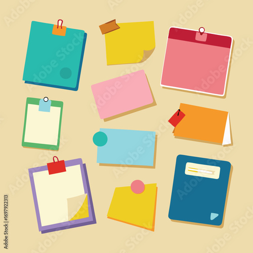 Colorful sticky notes and office supplies on beige background