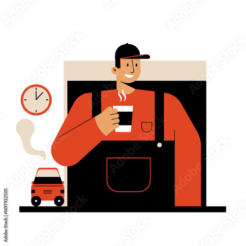 Man in overalls holding coffee cup in garage with clock and car  
