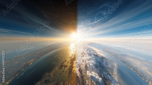 Global Vision Aerial Perspective Day Meets Night Sun Clouds World View