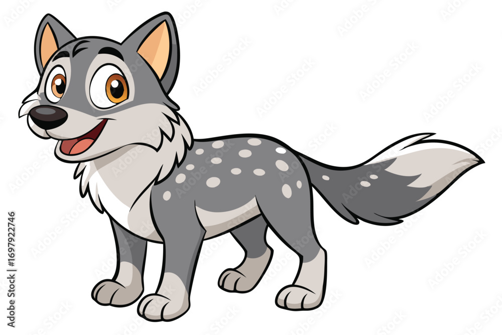 Fototapeta premium Smiling Cartoon Wolf with White Spot on White Background