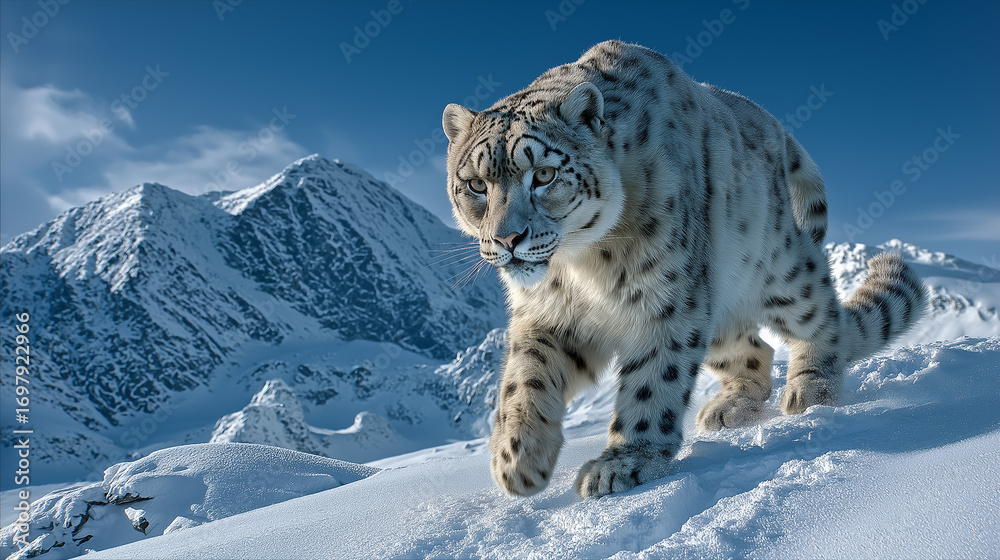 Fototapeta premium Majestic Snow Leopard walking confidently on snowy mountain terrain during wintertime