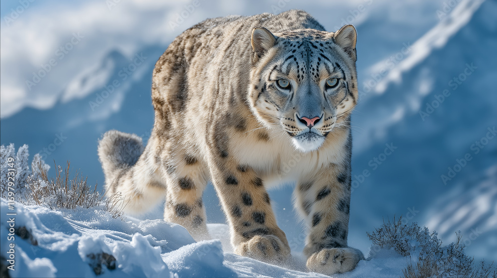 Fototapeta premium Majestic snow leopard prowling mountain landscape winter beauty wildlife scenery