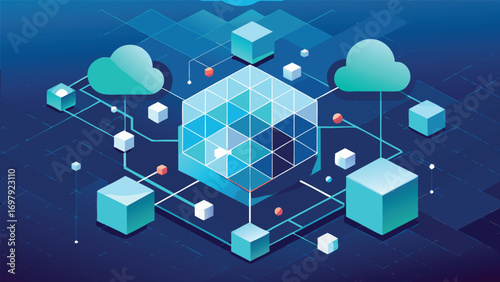 Futuristic digital cloud computing network visualization with 3d cubes and cloud icons suitable for technology projects