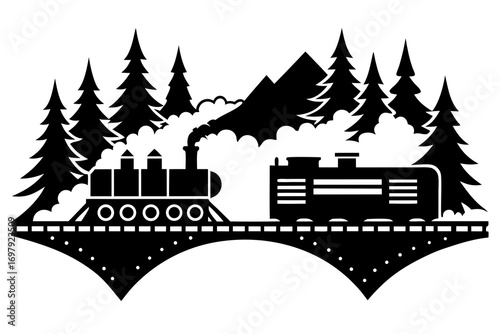 Steam train crossing snowy bridge,  winter travel vector illustration