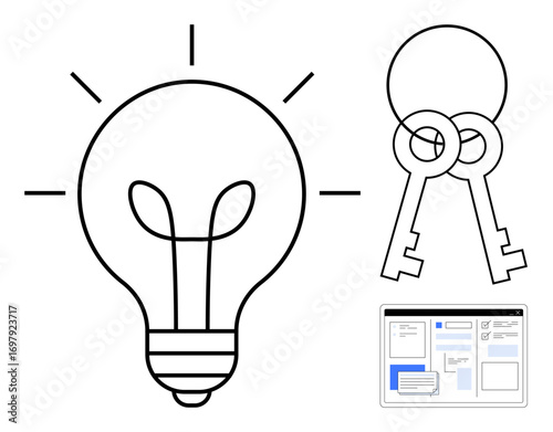 Light bulb radiating ideas, crossed keys for solutions, and a digital interface layout. Ideal for creativity, problem solving, motivation, innovation, knowledge goals and teamwork. Simple flat
