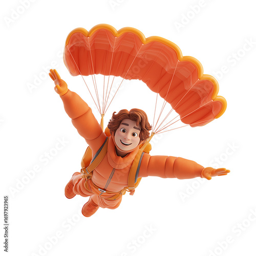 Wallpaper Mural Character skydiving with orange parachute in playful descent over bright background during sunny day. PNG image, transparent background Torontodigital.ca