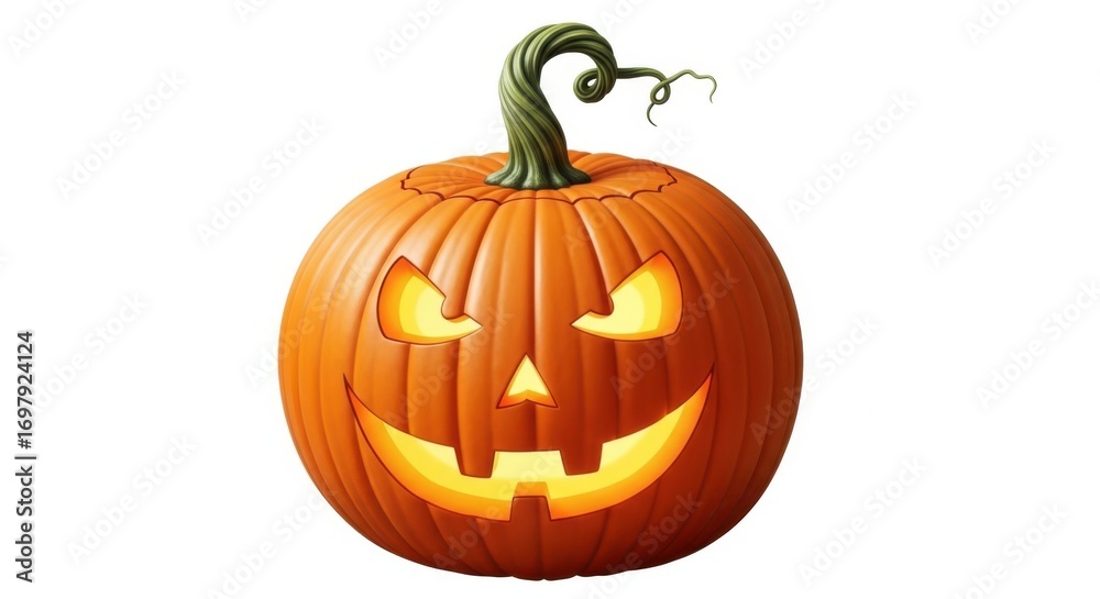 Obraz premium Jackolantern with a carved spooky face and glowing light inside, isolated on white background
