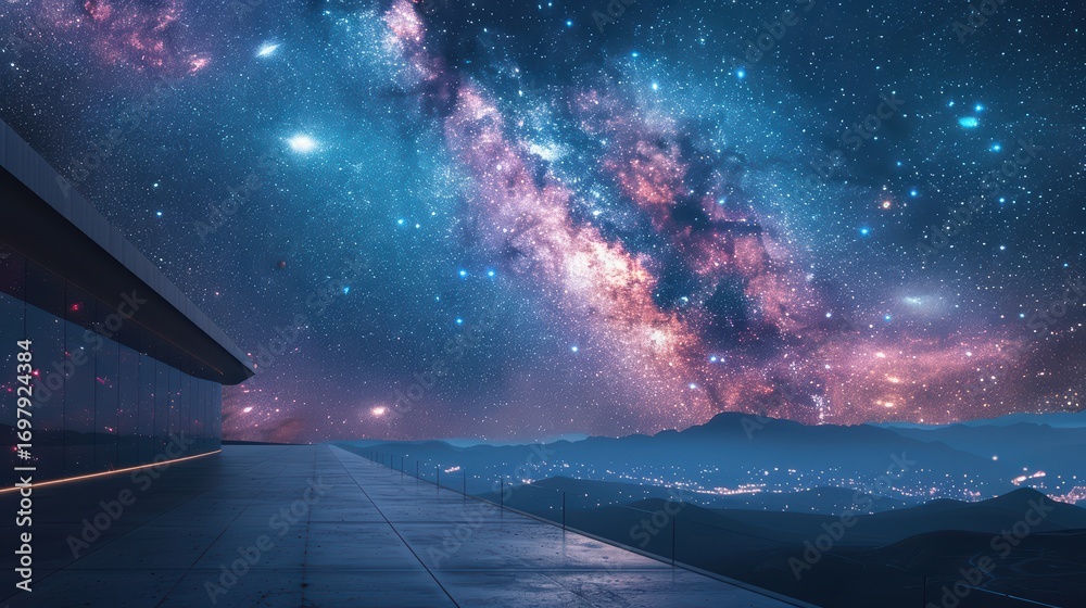 Fototapeta premium Stunning Galactic View from Modern Outdoor Deck at Night Sky