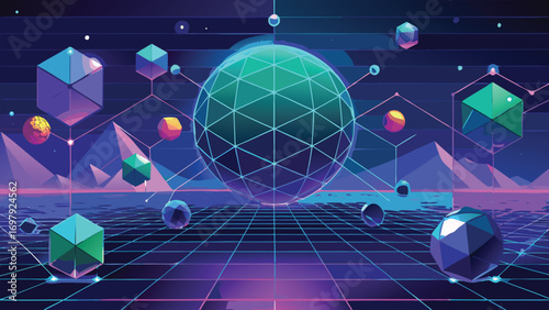 Futuristic landscape with geometric shapes and digital network grid aesthetic in vibrant purple blue and teal tones