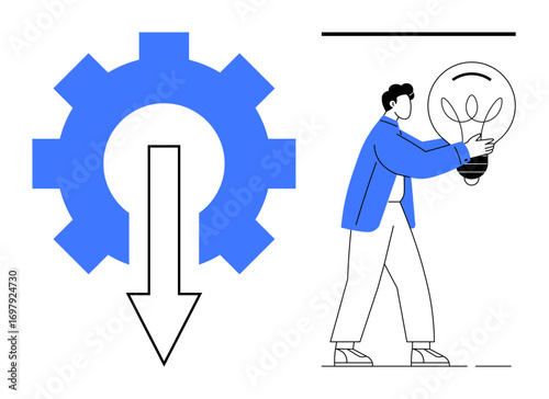 Man holding light bulb represents creativity and innovation. Gear with downward arrow symbolizes productivity, process, efficiency. Ideal for concepts thumbs up problem-solving, idea generation