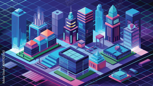 Isometric cityscape illustration featuring futuristic buildings and neon color palettes with transparency for versatile design applications