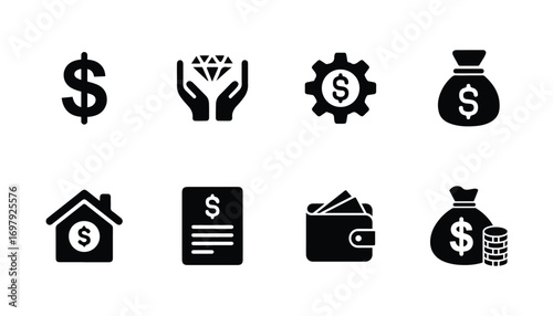 Black finance collection and money icons on a white background