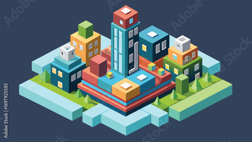 Isometric illustration of a colorful cityscape depicting modern buildings, perfect for architectural and urban design projects