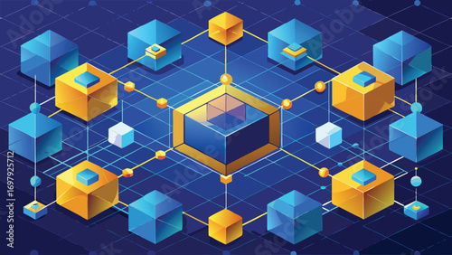 Isometric illustration of data network architecture featuring cubes and connected nodes over a blue grid