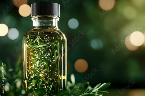 Glass bottle with herbal infusion and fresh green leaves against blurred bokeh background, natural wellness and aromatherapy concept.