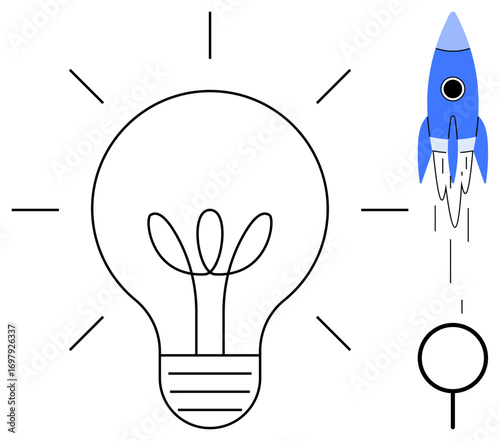 Light bulb radiating ideas with a blue rocket launching upward and magnifier below. Ideal for innovation, startup, creativity, vision, progress, search, leadership. Simple flat metaphor