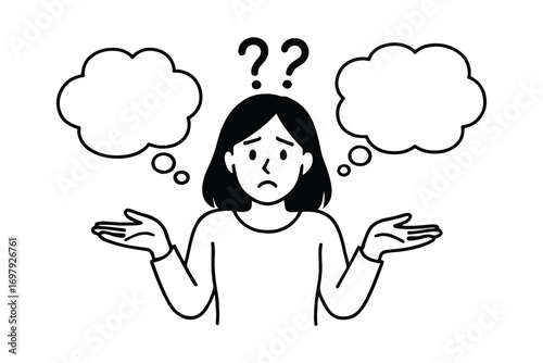 Funny confused girl coloring page with question marks.