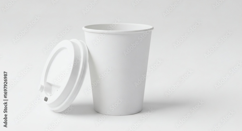 Fototapeta premium A Single Disposable White Coffee Cup with Its Lid Resting Beside It on a White Background