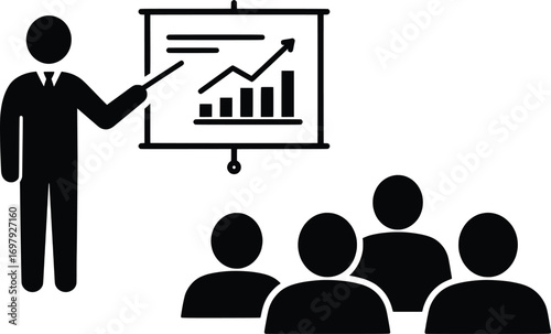 Business Presentation, Startup Growth Strategy, Office Environment, Vector Illustration, Engaging Viewpoint, Professional Audience Participation