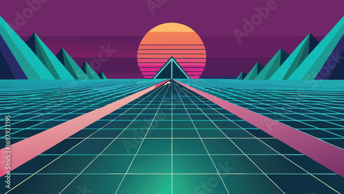 Retro futuristic landscape with a grid perspective road sunset and neon style synthwave design suitable for background or design purposes