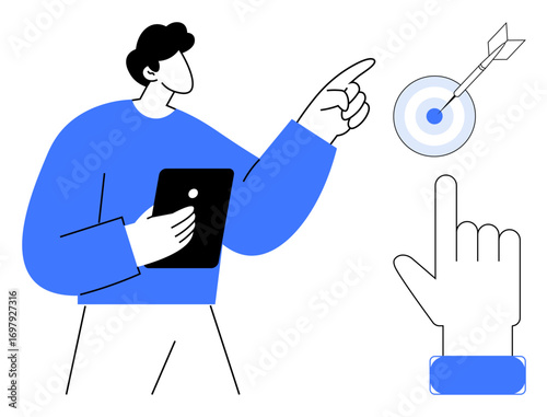 Man with tablet pointing at a bullseye target. Hand gesture emphasizes focus and strategy. Ideal for leadership, goal setting, planning, decision making, innovation, teamwork, professional