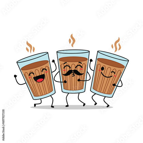 Three happy cartoon cups of chai dancing together enjoying a warm beverage
