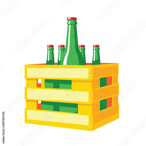 Six pack of green glass bottles in a bright yellow wooden carrier ready for refreshments and gatherings