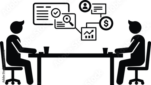 Business Meeting, Startup Discussion, Office Setting, Vector Illustration, Collaborative Environment, Professional Viewpoint, Innovative Concepts