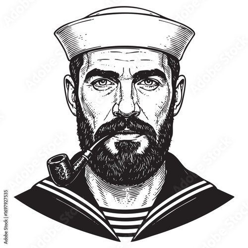 hipster sailor with thick beard and pipe engraving vector illustration