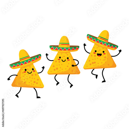 Three happy cartoon nachos wearing sombreros dancing joyfully together