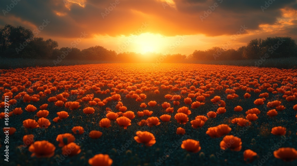 Obraz premium Sunset over a vibrant poppy field