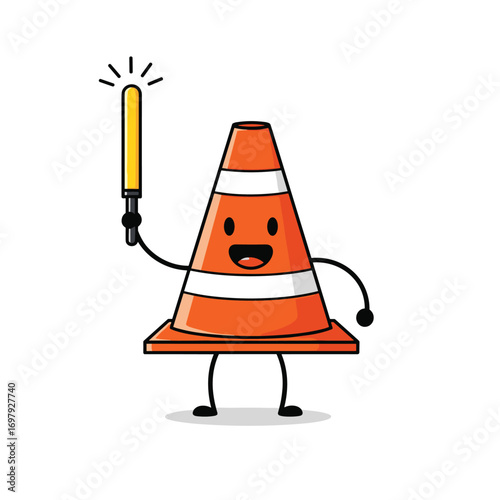 Whimsical traffic cone character holding a glowing magic wand with a joyful expression