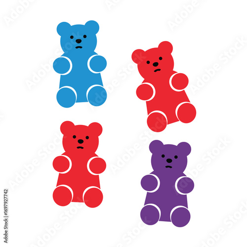 Four gummy bear candies in different colors with sad faces