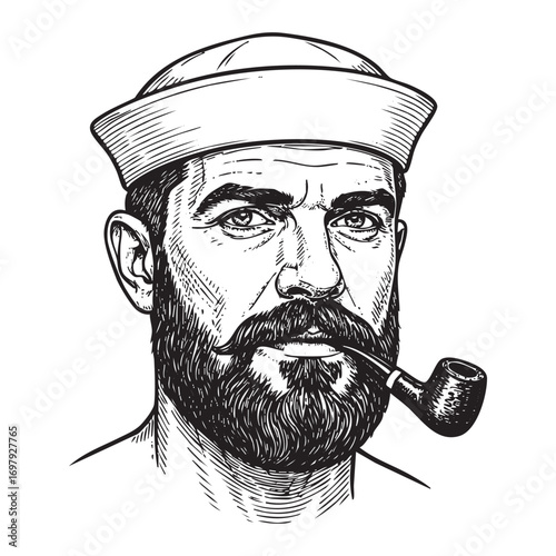 hipster sailor with thick beard and pipe engraving vector illustration