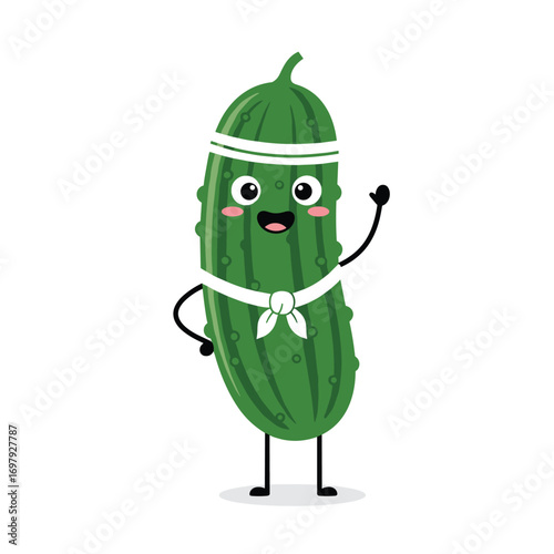A waving cute pickle character wearing a headband and a bandana ready to fight for health